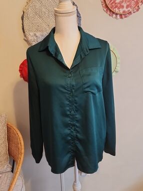 Womens Teal Button-Up Satin Blouse